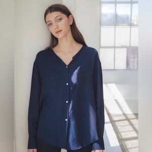 Almina Concept Satin Button Down in Navy